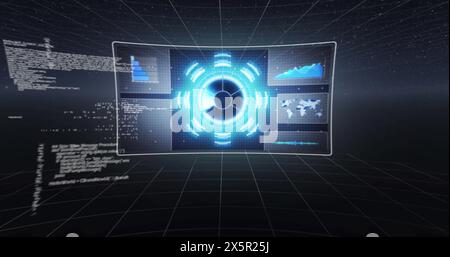 Image of infographic interfaces and programming language against black background Stock Photo
