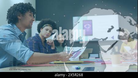 This image is a digitally generated image of data processing with a spinning globe over a transparen Stock Photo