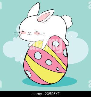 Happy Easter, decorated easter card, banner. Bunnies, Easter eggs, flowers and basket. Folk style patterned design. . Vector illustration Stock Vector
