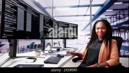 African American Coder Using Computer At Desk. Web Developer Stock Photo