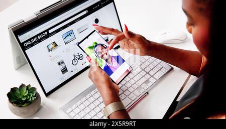 Online Social Mobile Phone App. Woman Swiping Stock Photo
