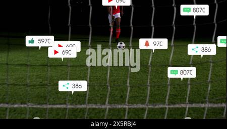 Image of multiple notification bars over african american soccer player scoring goal Stock Photo