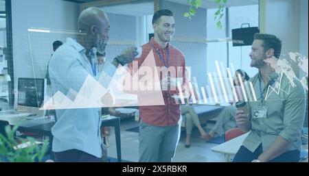 Image of graphs, loading bars and map over diverse coworkers discussing in tea break at office Stock Photo