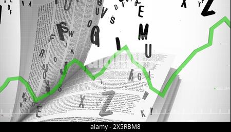 Image of data processing with green line over book and letters Stock Photo