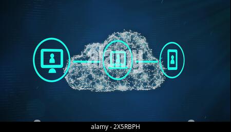 Image of network of connections with icons over cloud icon on blue background Stock Photo