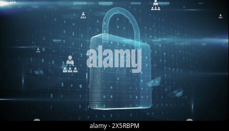 Image of digital padlock with integrated circuit over data processing on screen Stock Photo