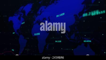 Image of financial graphs and data over world map on black background Stock Photo