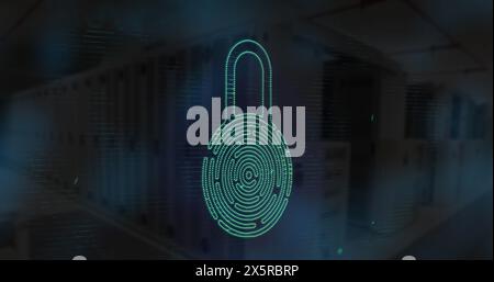 Image of lights over biometric fingerprint padlock over computer servers Stock Photo