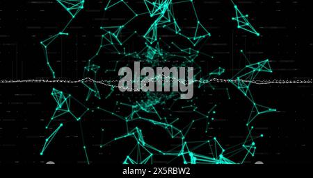 Digital image of data processing over blue neon plexus networks against black background Stock Photo