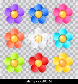 Colorful realistic 3d daisy flowers set. Vector glossy plastic plants design elements collection. Multicolored chamomile floral icons shape, isolated Stock Vector