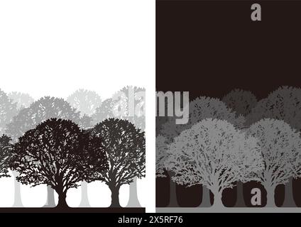 Vector Monochrome Daytime And Night Time Seamless Forest Silhouette Background Illustration Set With Text Space. Horizontally Repeatable. Stock Vector