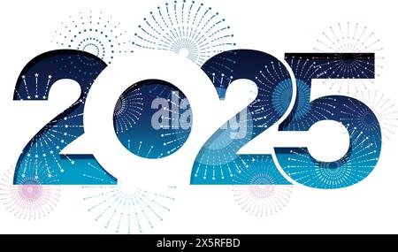 The Year 2025 New Year’s Greeting Symbol Logo Decorated With Celebratory Fireworks. Vector Illustration Isolated On A White Background. Stock Vector