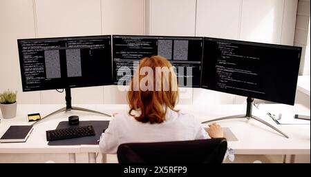 Software Programmer Or Coder Woman Using Office Computer Stock Photo