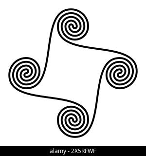 Spiral tetraskelion and quadruple spiral. Geometrical pattern and symbol of four conjoined two-armed Archimedean spirals, seamlessly connected. Stock Photo