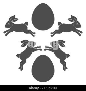 Set of black and white illustrations with Easter bunny and eggs. Isolated vector objects on white background. Stock Vector