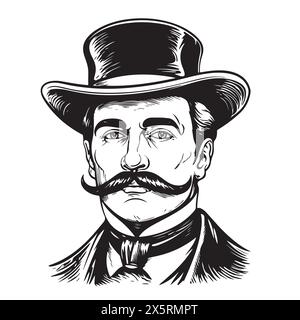 Portrait of an English gentleman with a mustache in a suit and top hat hand drawn sketch Illustration. Stock Vector