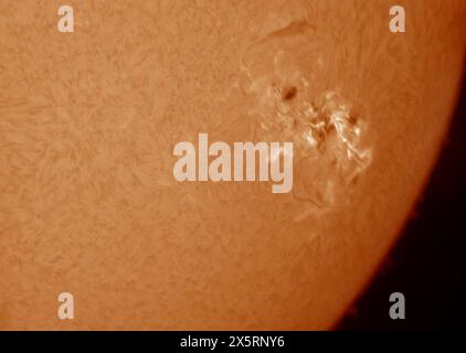 London, UK. 11th May, 2024. Solar telescope image of massive and complex sunspot AR3664 which has been the source of aurora seen throughout the UK and parts of Northern Europe overnight after it erupted CMEs towards Earth over a day ago. It now moves towards the solar limb. Credit: Malcolm Park/Alamy Live News Stock Photo