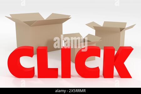 Luxury red inscription click on grey podium, soft light, front view smooth background, simple 3d rendering Stock Photo