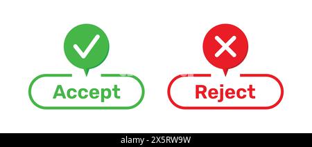 Accept and Reject buttons with right and wrong symbols. Right and Wrong symbols with Accept and Reject buttons in green and red color. Tick and cross Stock Vector