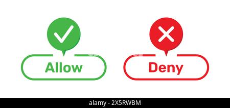 Right and Wrong symbols with Allow and Deny buttons in green and red color. Allow and Deny buttons with right and wrong symbols. Tick and cross symbol. Stock Vector