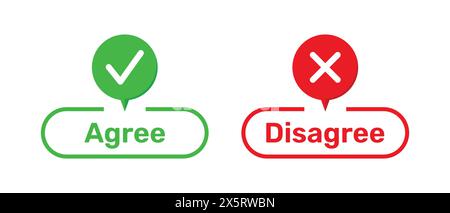 Agree and Disagree buttons with right and wrong symbols. Right and Wrong symbols with Agree and Disagree buttons in green and red color. Stock Vector