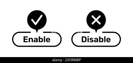 Right and Wrong symbols with Enable and Disable buttons black color. Enable and Disable buttons with right and wrong symbols. Tick and cross symbols. Stock Vector