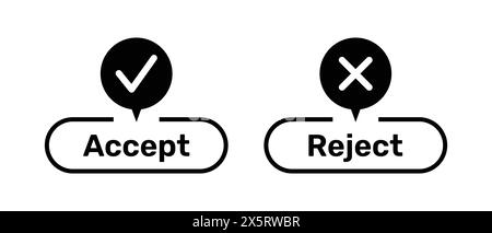 Accept and Reject buttons with right and wrong symbols. Right and Wrong symbols with Accept and Reject buttons black color. Tick and cross symbols. Stock Vector