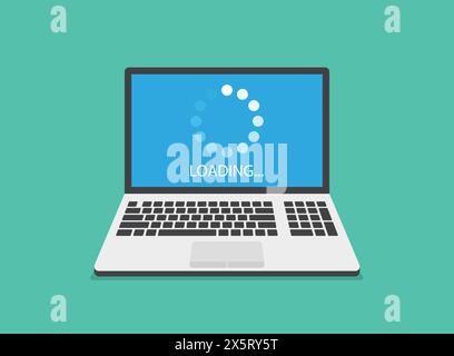 Laptop loading process icon in flat style. Software update vector illustration on isolated background. Updating sign business concept. Stock Vector