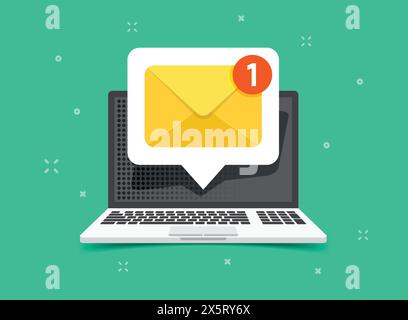 Laptop with envelope icon in flat style. Computer vector illustration on isolated background. Email notification sign business concept. Stock Vector