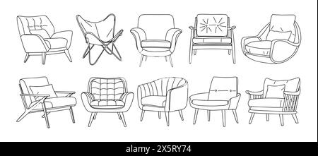 Set of different modern armchairs outline drawing Stock Vector