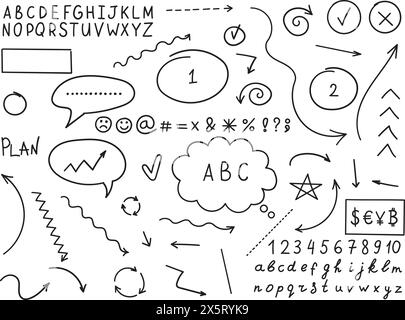 Arrow circles and abstract doodle icon in hand drawn style. Number vector illustration on isolated background. Letters, arrows sign business concept. Stock Vector