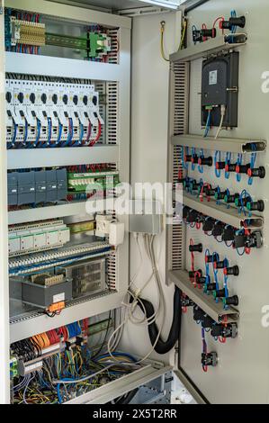 Orastioara de Sus, Hunedoara, Romania, May 10, 2024, opened automated control panel, with fuses, switches, connections for a domestic water treatment Stock Photo