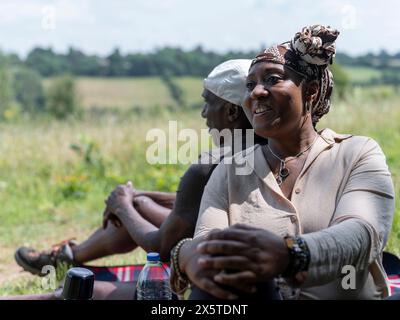 Smiling mature couple having picnic in meadow Stock Photo