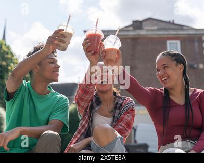 Friends toasting with smoothies on sunny day Stock Photo