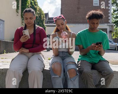 Friends using smart phones while sitting on stone wall Stock Photo