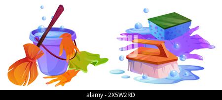 Home cleaning instruments set isolated on white background. Vector cartoon illustration of bucket, broomstick, wet sponge and brush, rubber gloves, so Stock Vector