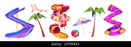 Aqua park slides set isolated on white background. Vector cartoon illustration of water park design elements, amusement equipment for swimming pool, i Stock Vector