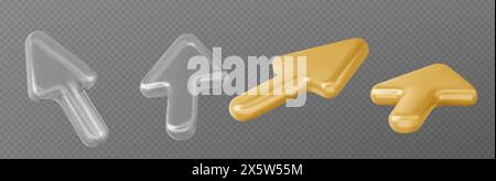 Cursor arrow 3d vector set. Realistic illustration collection of golden and white transparent mouse pointer in different angles of view. Computer acti Stock Vector