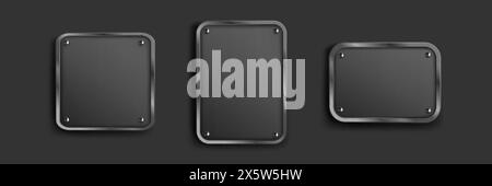 Black metal labels set isolated on background. Vector realistic illustration of blank square and rectangular stainless steel frames, grungy aluminum p Stock Vector