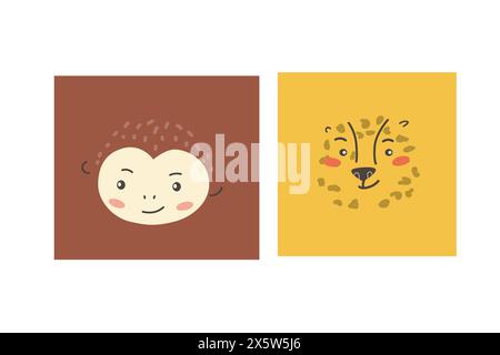 African animals faces set. Cute doodle animal portraits. Hand drawn characters. Tropical and jungle cartoon heads of Animals Stock Vector