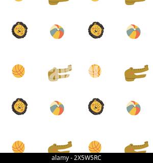 Wild african safari animals pattern in trendy scandinavian style. Cute childish print with tropical jungle portraits of animals and balls Stock Vector