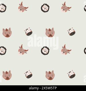 Wild african safari animals pattern in trendy scandinavian style. Cute childish print with tropical jungle portraits of animals. Stock Vector
