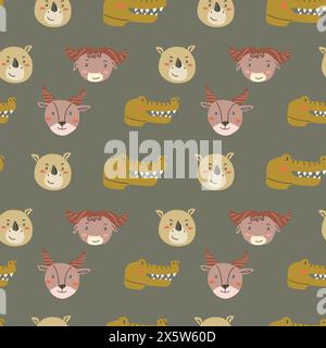 Wild african safari animals pattern in trendy scandinavian style. Cute childish print with tropical jungle portraits of animals. Stock Vector