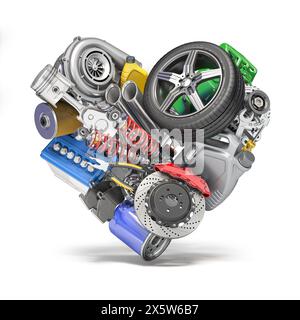 Auto parts and car spare in a form of heart isolated on white. 3d illustration Stock Photo