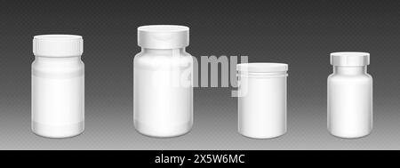 3d white plastic pill bottle. Supplement container package mockup. Medicine jar for capsule, drug, protein or aspirin with empty prescription label te Stock Vector