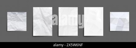 Crumpled and wrinkled white paper mockup. Realistic vector illustration set of creased blank vertical sheet. Empty rough folded cardboard banner templ Stock Vector
