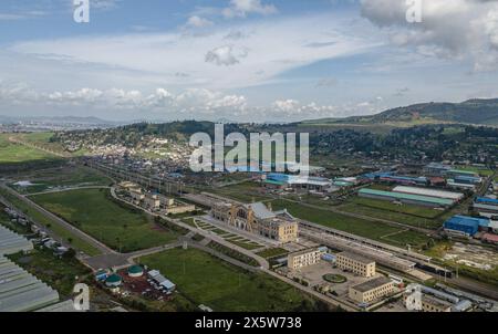 Addis Ababa. 11th Sep, 2023. This aerial drone photo taken on Sept. 11, 2023 shows the Lebu Railway Station in Addis Ababa, Ethiopia. The Chinese management contractors of Ethiopia-Djibouti standard gauge railway on Friday officially handed over the railway's management and operation to Ethiopia and Djibouti after six years of successful operation.TO GO WITH 'Ethiopia, Djibouti embark on management, operation of Chinese-built railway' Credit: Wang Guansen/Xinhua/Alamy Live News Stock Photo