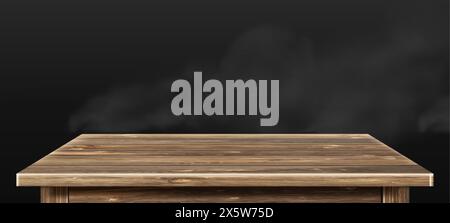 Wooden rustic table top on black background with smoke effect. Realistic 3d vector illustration of front perspective view on desk tabletop with brown Stock Vector