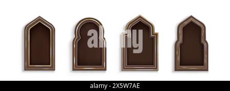 Arab frame in form of traditional shape window for header and text congratulation. Realistic vector illustration set of brown arch border with golden Stock Vector