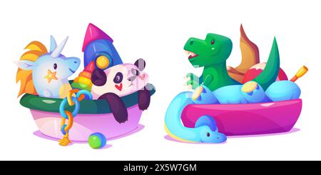 Kid toy box to play game with ball cartoon vector. Isolated gift chest for children in kindergarten full of horse, rocket, dinosaur and panda bear. St Stock Vector